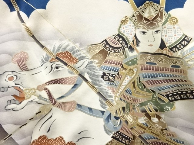 JAPANESE KIMONO / ANTIQUE KIMONO FOR BOYS / SILK / MONTSUKI / WARRIOR RIDING HORSE
